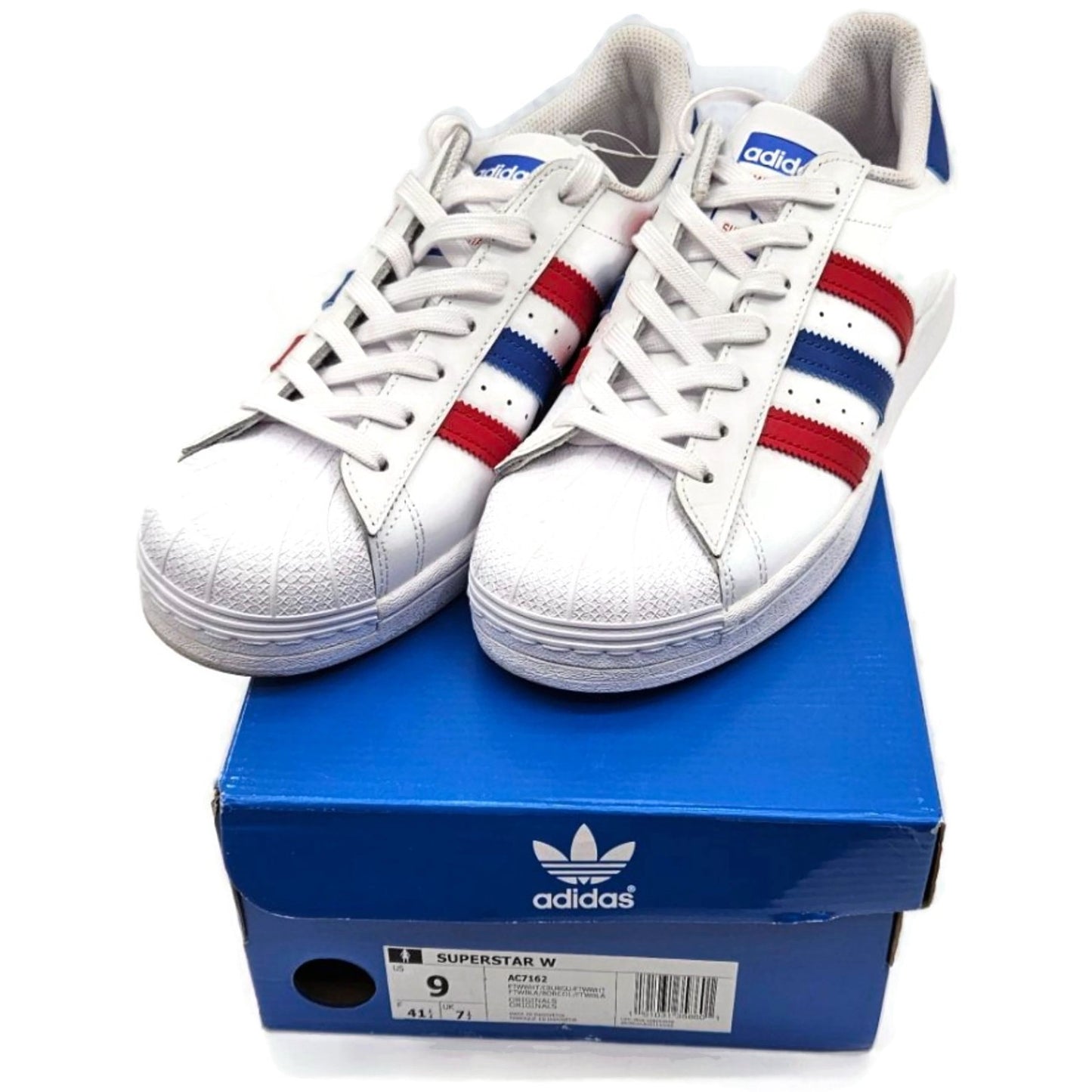 Adidas Superstar White Red Blue Stripe Shoes Ladies Size 9 Shell Toe AC7162