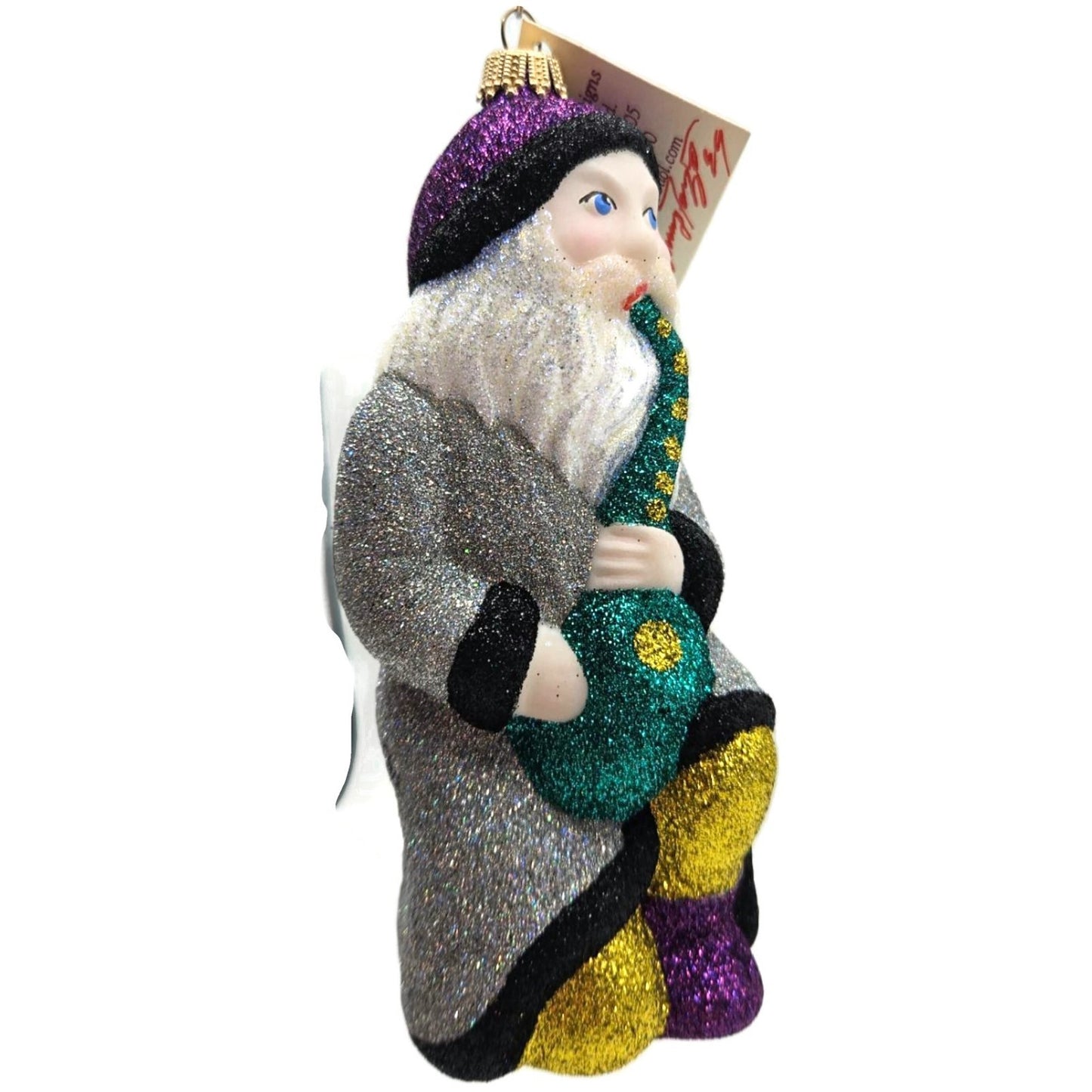 Larry Fraga Jazzy Santa Saxophone Glitter Series Signed Glass Christmas Ornament