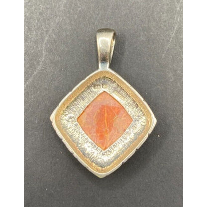Natural Spiny Oyster Pendant Orange Polished Shell Sterling Silver Diamond Shape