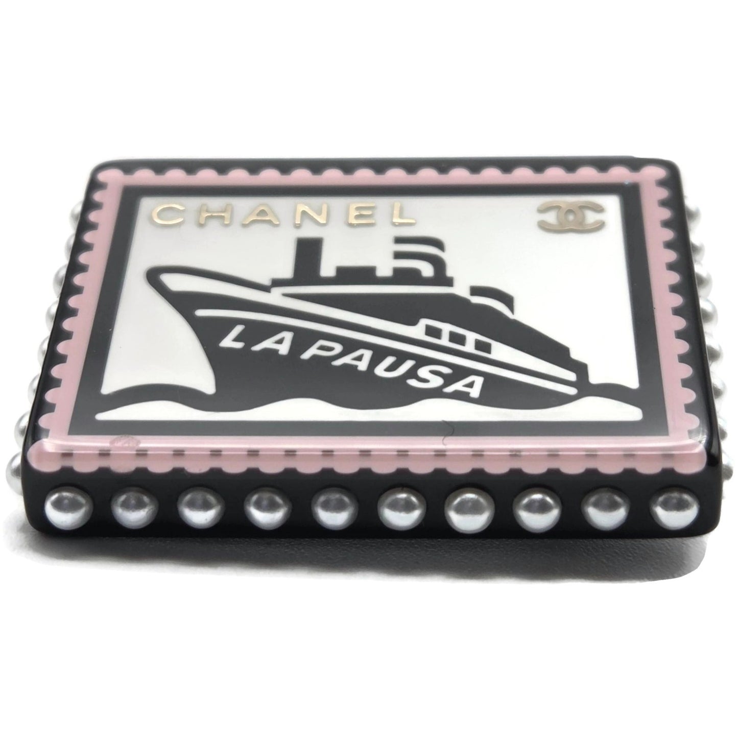 Chanel 19C La Pausa Yacht Stamp Brooch Pin CC Logo Cruise Ship Pea AB0921 Y47494