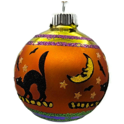 Christopher Radko Shiny Brite Orange Black Cat Glass Ball Halloween Ornament