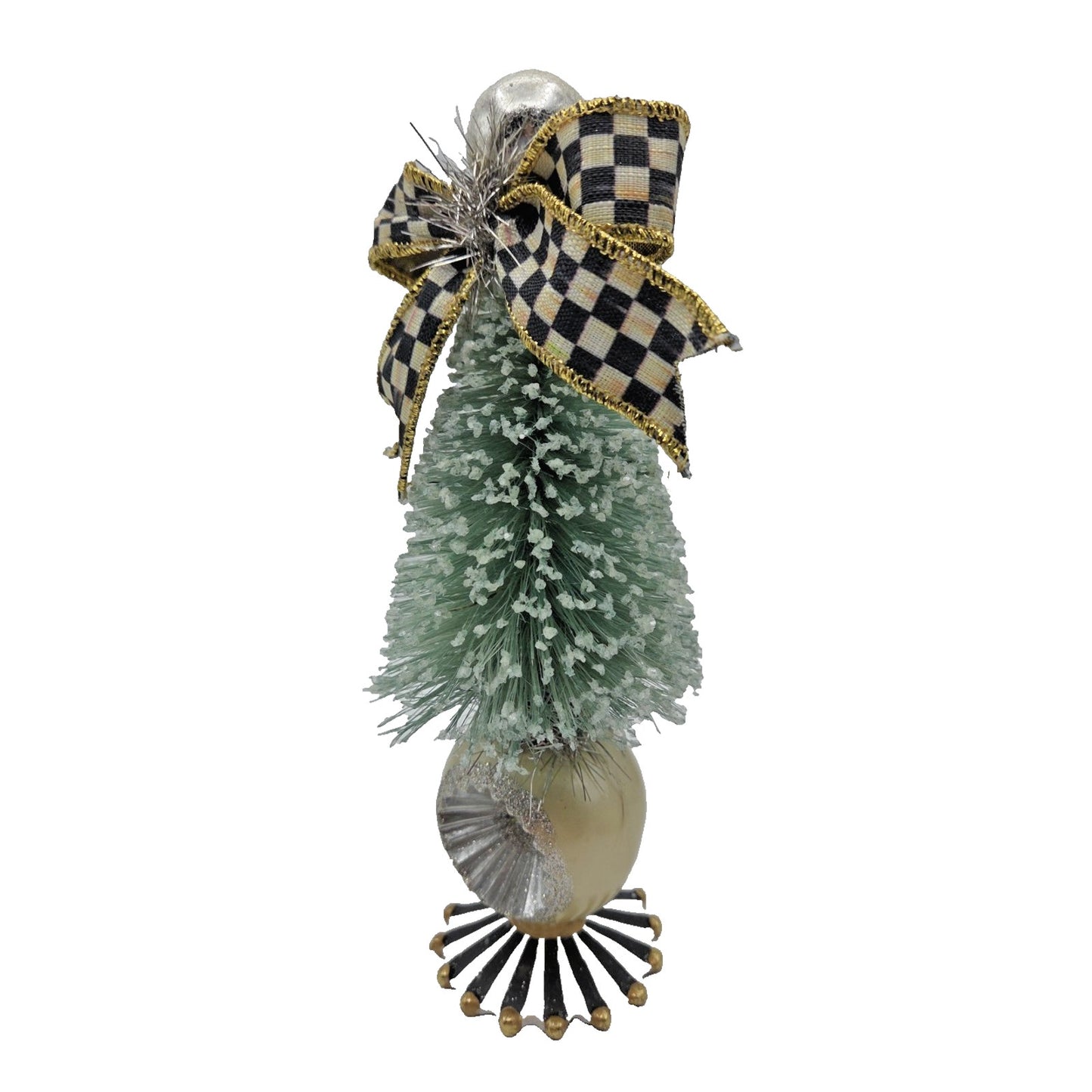 Mackenzie Childs Home Sweet Snow Bottle Brush Tree Mini Green Courtly Check Bow