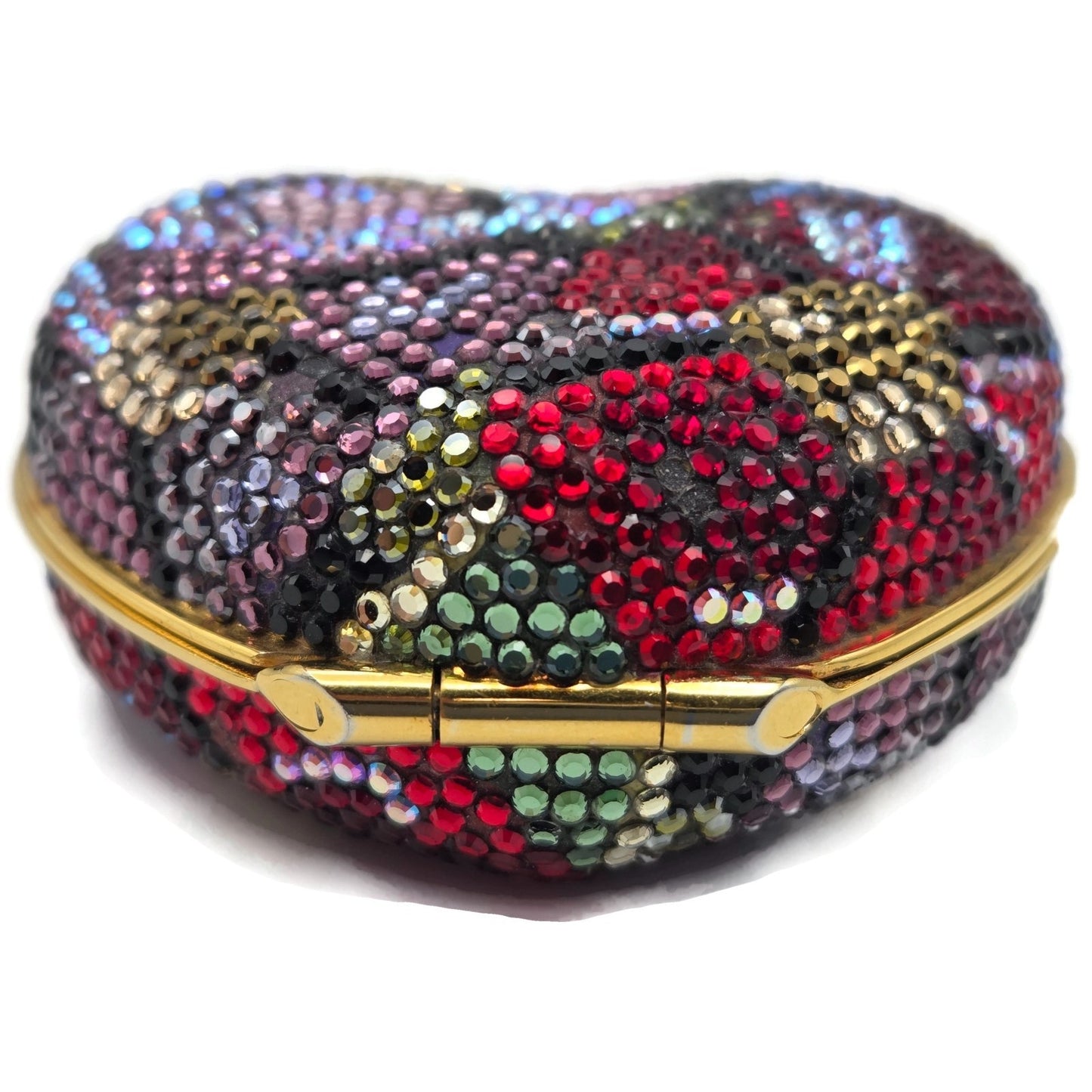 Judith Leiber Heart Crystal Pill Box Multicolor Pave Gold Tone Signed 2 inches