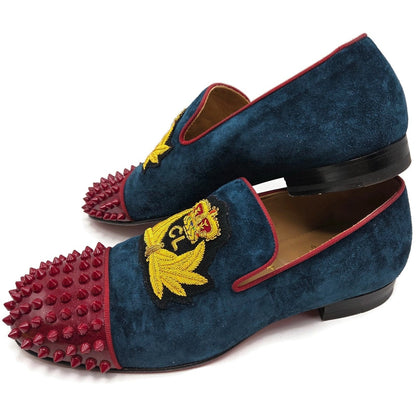 Christian Louboutin Harvanana Flat Veau Velours Blue Size 39 Spikes Crest Loafer