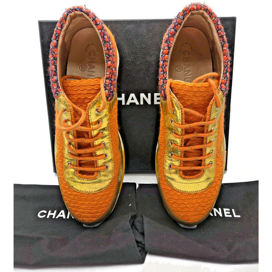 Chanel Sneakers Orange 14k Gold Supermarket Tweed PVC Suede Women EU Size 40.5