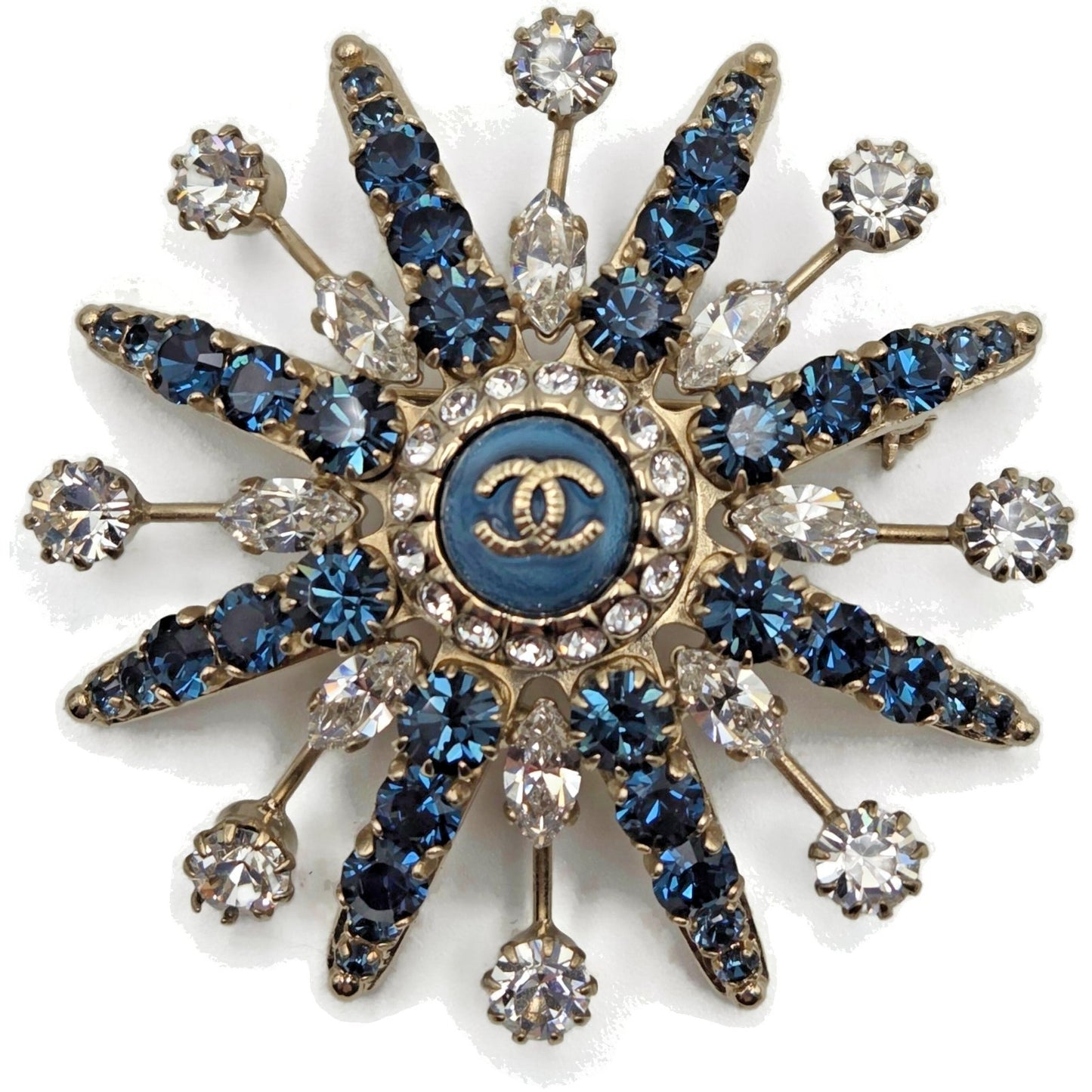 CoCo Chanel Starburst Brooch Blue Crystal Rhinestone Gold Tone Pin with Box Rare