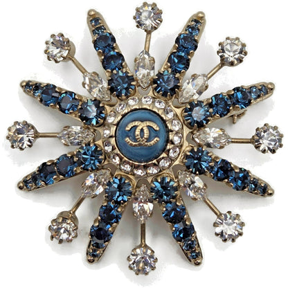 CoCo Chanel Starburst Brooch Blue Crystal Rhinestone Gold Tone Pin with Box Rare