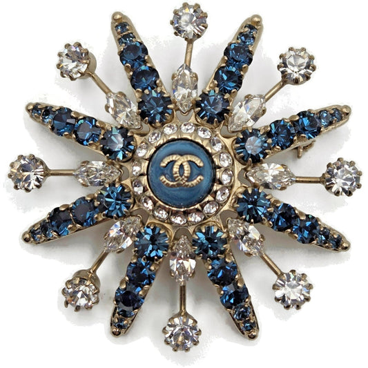 CoCo Chanel Starburst Brooch Blue Crystal Rhinestone Gold Tone Pin with Box Rare