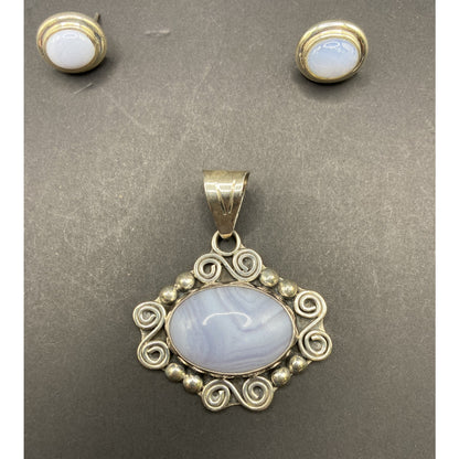 Blue Lace Agate Pendant Stud Earrings Set Marbled Stone 925 Sterling Silver CII