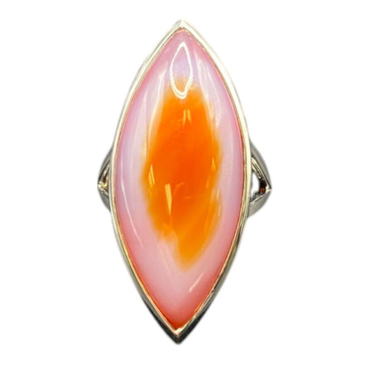 925 Sterling Silver Ring Agate Pink Orange Semi Precious Stone Marquise Size 9