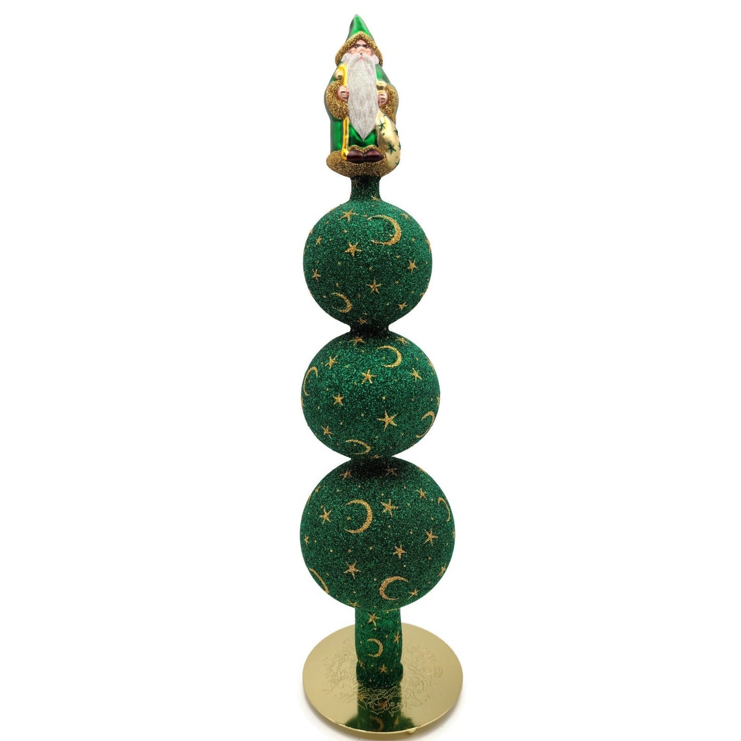 Patricia Breen Woodland Santa Finial Green Gold 3-Ball Christmas Tree Topper