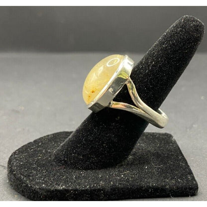 Golden Rutilated Quartz Crystal Ring Oval Cabochon 925 Sterling Silver Size 4