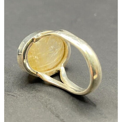 Golden Rutilated Quartz Crystal Ring Oval Cabochon 925 Sterling Silver Size 4