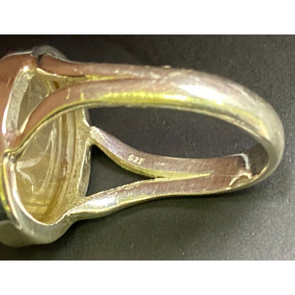 Golden Rutilated Quartz Crystal Ring Oval Cabochon 925 Sterling Silver Size 4