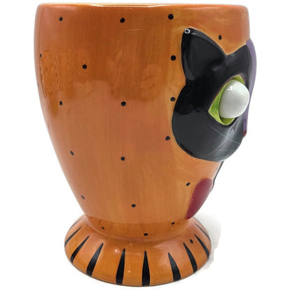 Department 56 Halloween Google Eye Black Cat Orange Mug Coffee Cup Moon Handle