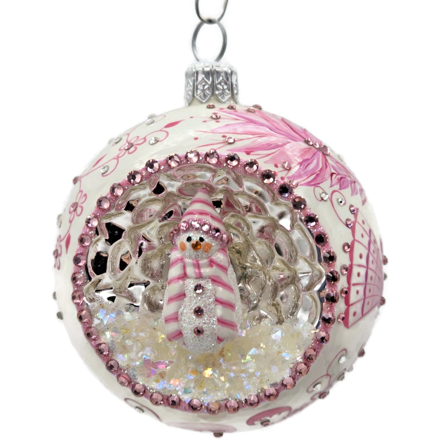 Patricia Breen Objet Du Noel Snowman Chinoiserie Pink Christmas Ornament CATZ