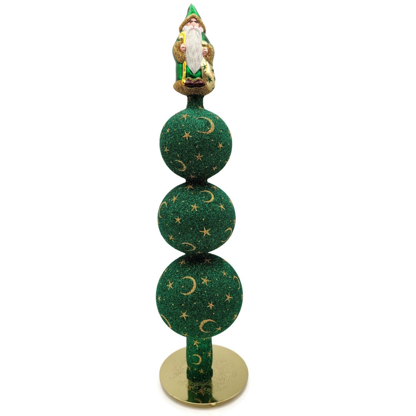 Patricia Breen Woodland Santa Finial Green Gold 3-Ball Christmas Tree Finial Top