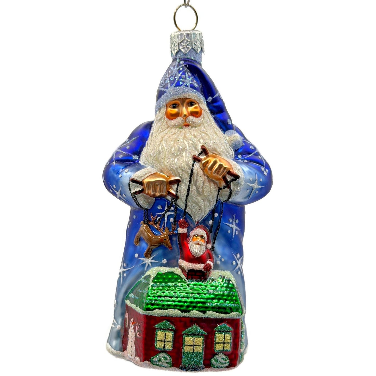 Patricia Breen Marionette Santa Reindeer Blue Snowflakes Christmas Ornament 2328