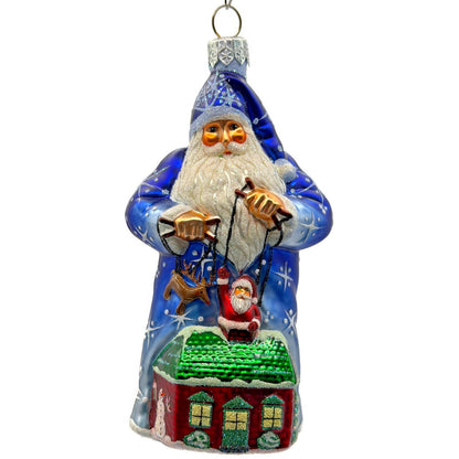 Patricia Breen Marionette Santa Reindeer Blue Snowflakes Christmas Ornament 2328