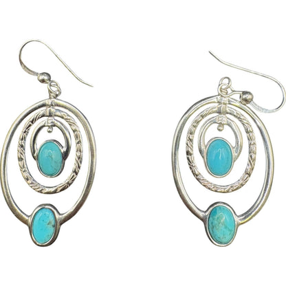 Sleeping Beauty Turquoise Gemstone Hoop Earrings Concentric Oval Silver Metal