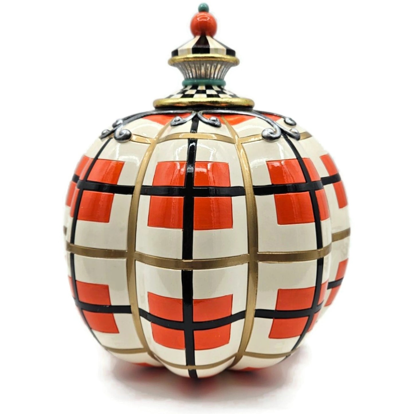MacKenzie-Childs Parchment Check Pumpkin Halloween Plaid Orange Black