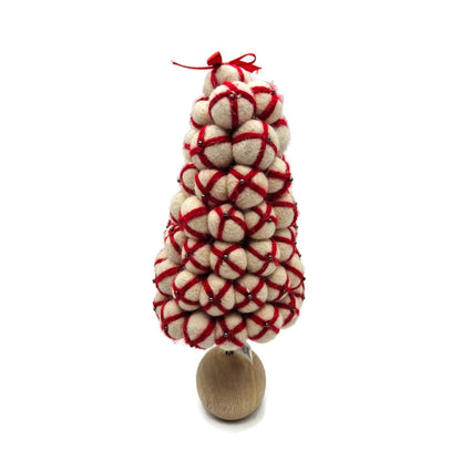 Christmas Tree Wool Peppermint Pom Pom Whimsical Red Cream Wood Felt Rustic