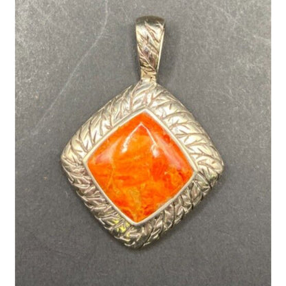 Natural Spiny Oyster Pendant Orange Polished Shell Sterling Silver Diamond Shape