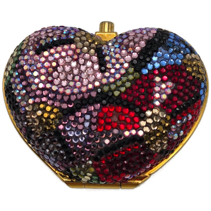Judith Leiber Heart Crystal Pill Box Multicolor Pave Gold Tone Signed 2 inches