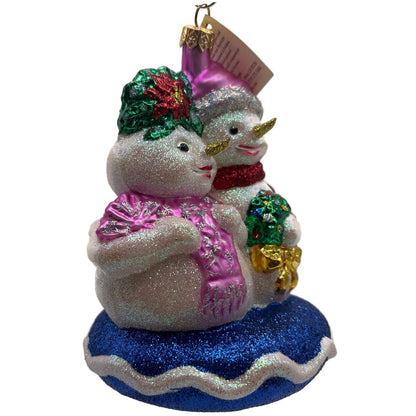 Larry Fraga Glitter Series Snowman Couple Wreath Pink Hat Blue Base Ornament