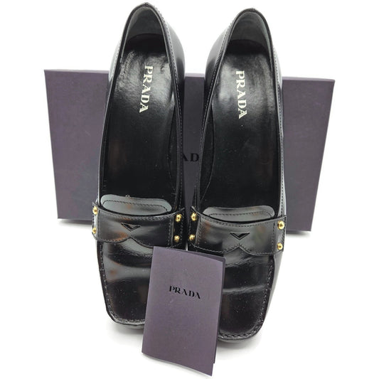 Prada Black Leather Loafer 1D9558 Gold Studs Flats Square Toe Womens Size EU 39