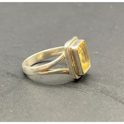 Emerald Cut Yellow Citrine Crystal Gemstone Ring 925 Sterling Silver Size 8.25
