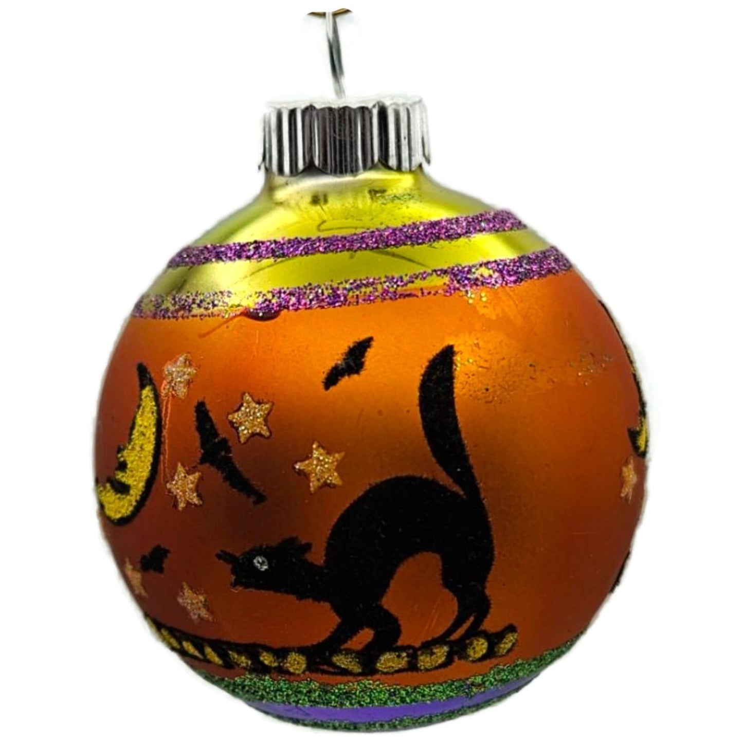 Christopher Radko Shiny Brite Orange Black Cat Glass Ball Halloween Ornament
