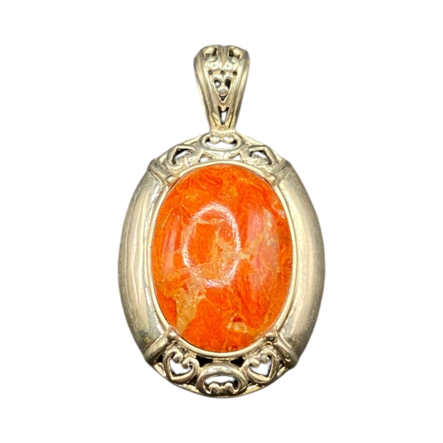 Orange Spiny Oyster Shell Oval Shaped Pendant 925 Sterling Silver NK Thailand