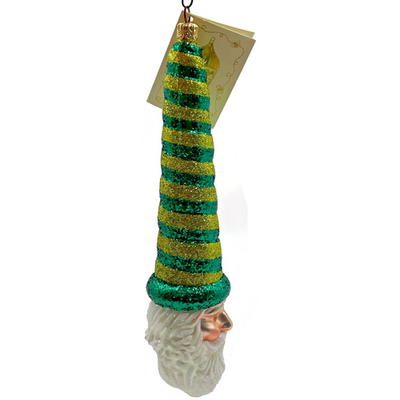 Patricia Breen Sucre Santa Green Yellow Striped Glass Christmas Ornament 20383