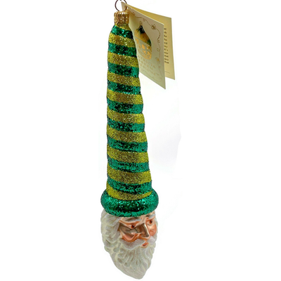 Patricia Breen Sucre Santa Green Yellow Striped Glass Christmas Ornament 20381