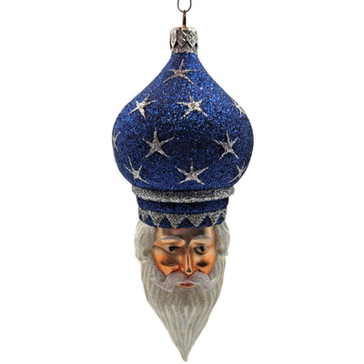 Patricia Breen Nuit Noel Blue Silver Stars Santa Head Christmas Ornament 21190