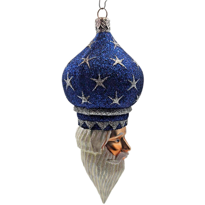 Patricia Breen Nuit Noel Blue Silver Stars Santa Head Christmas Ornament 21194