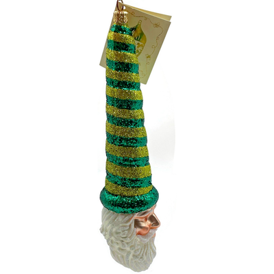 Patricia Breen Sucre Santa Green Yellow Striped Glass Christmas Ornament 20382