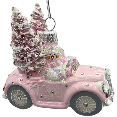 Patricia Breen Joy Ride Pink Car Snowman Travel Christmas Ornament CATZ 30159