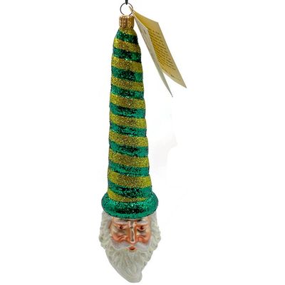Patricia Breen Sucre Santa Green Yellow Striped Glass Christmas Ornament 20380