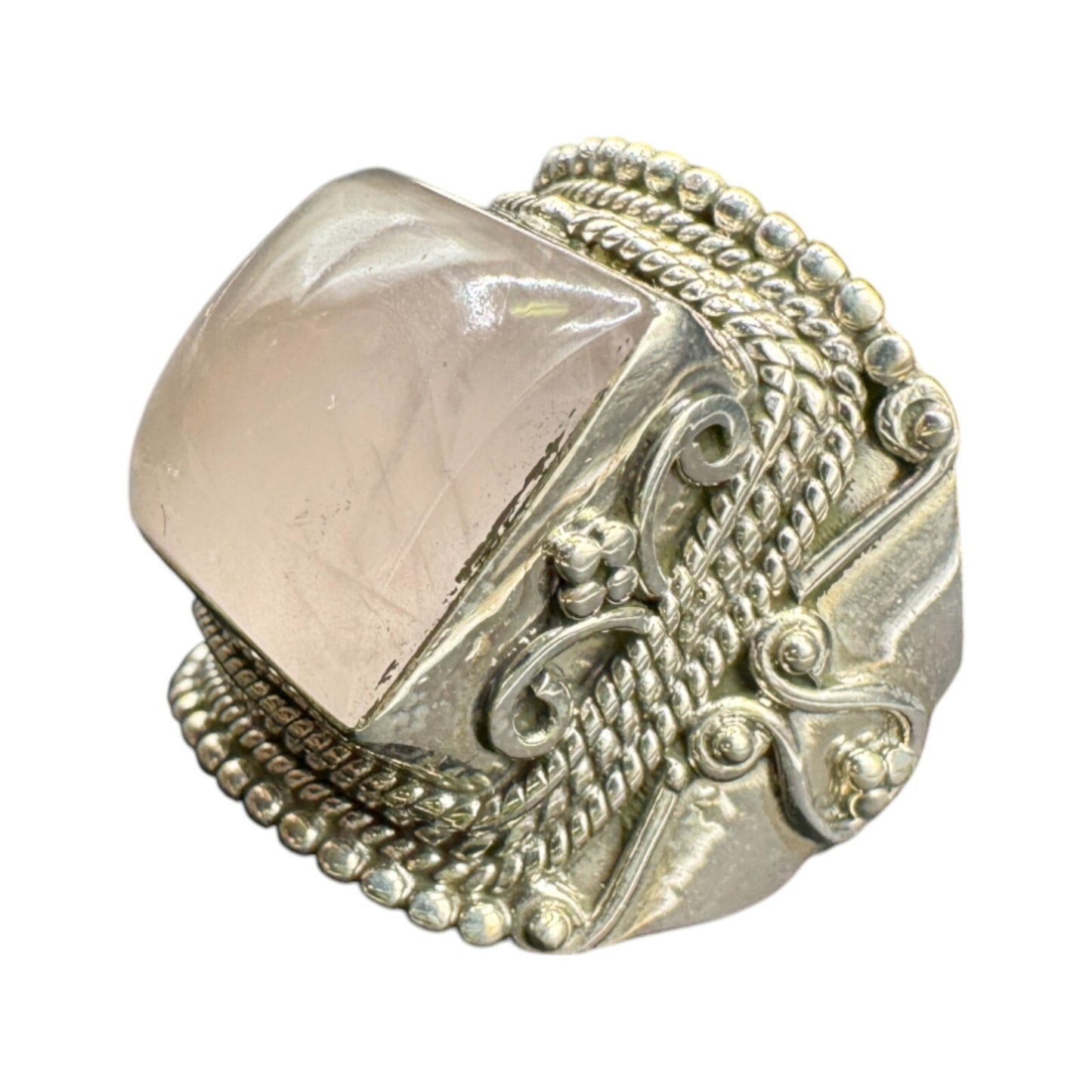 925 Sterling Silver Ring India Square Rose Quartz Crystal Gemstone Ornate Size 8