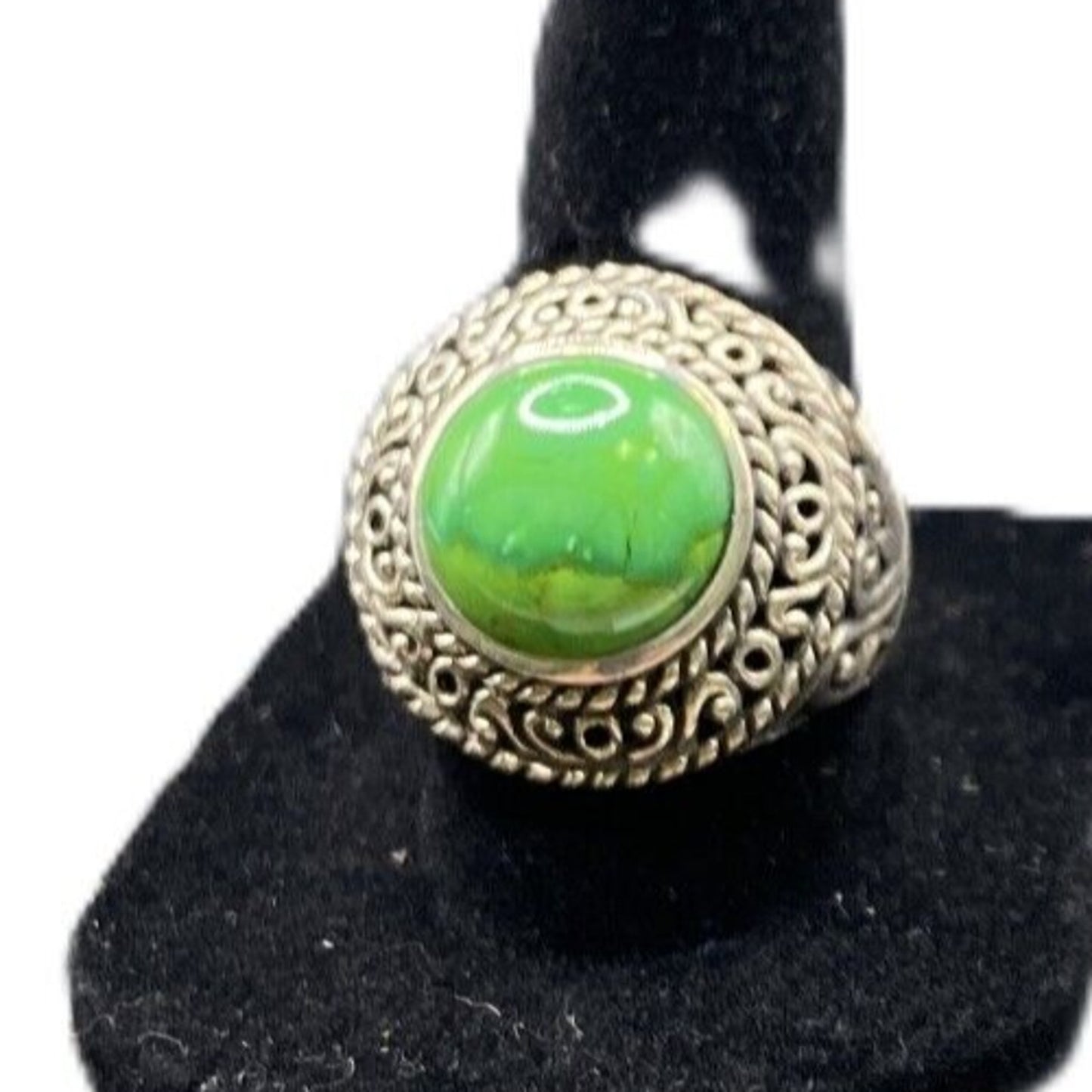 925 Sterling Silver Ring Green Turquoise Gemstone 7.5 Filigree Round Cabochon