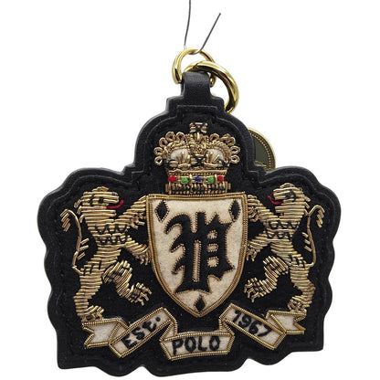 Polo Ralph Lauren Gold Black Leather Tag Double Lion Charm Keychain One Size NWT