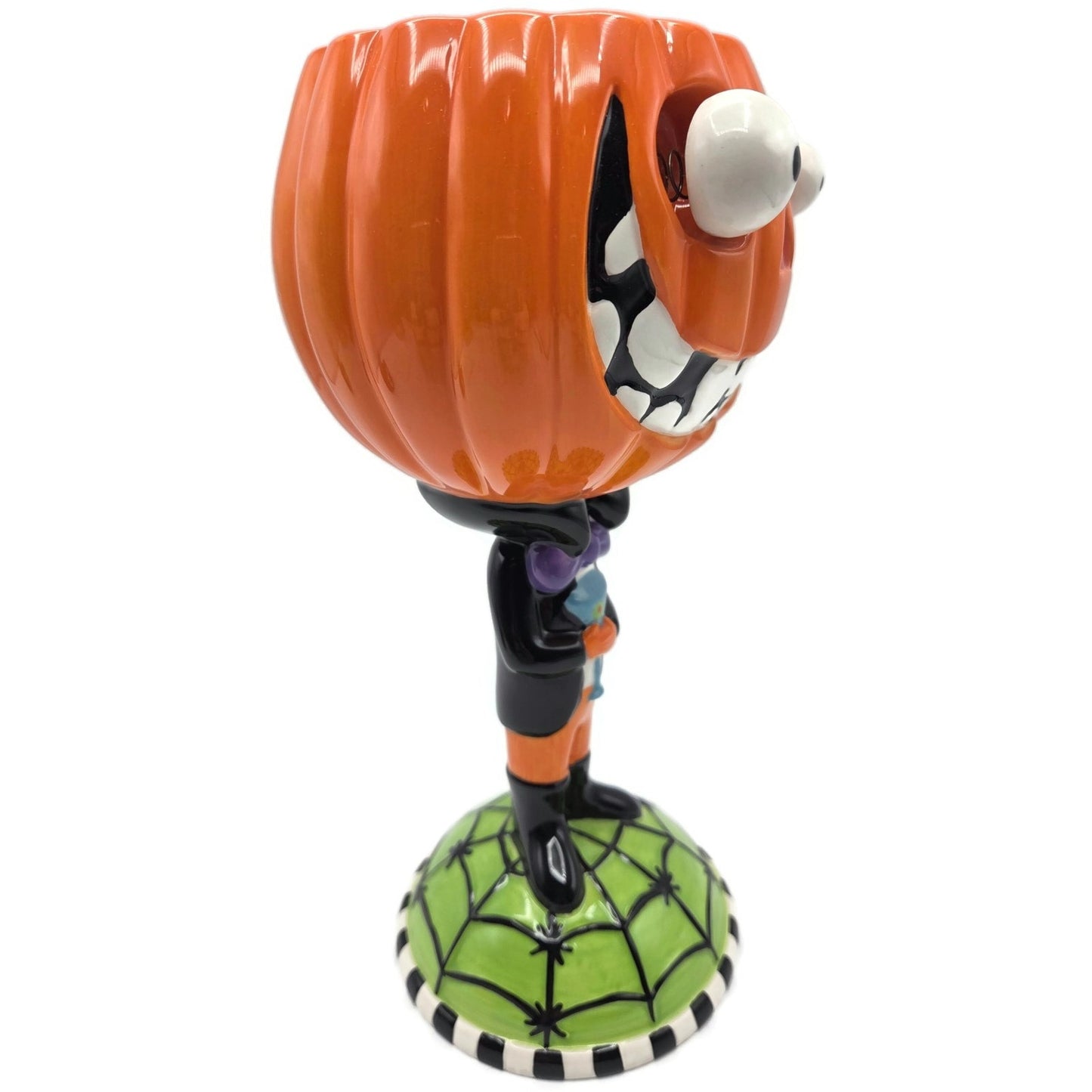 Department 56 Halloween Google Eye Pumpkin Head Goblet Ceramic Dish Spider Web