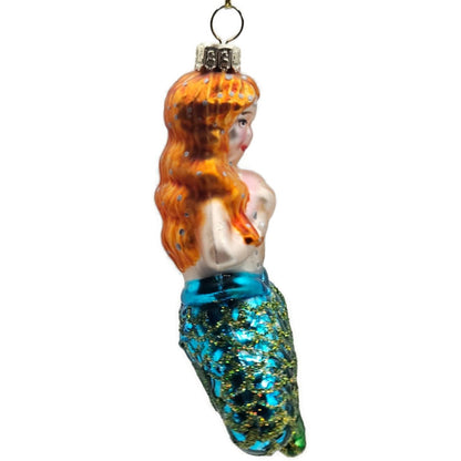 Mermaid Red Hair Blue Green Glitter Fin Christmas Tree Ornament Vintage Glass