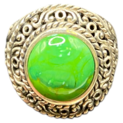 925 Sterling Silver Ring Green Turquoise Gemstone 7.5 Filigree Round Cabochon