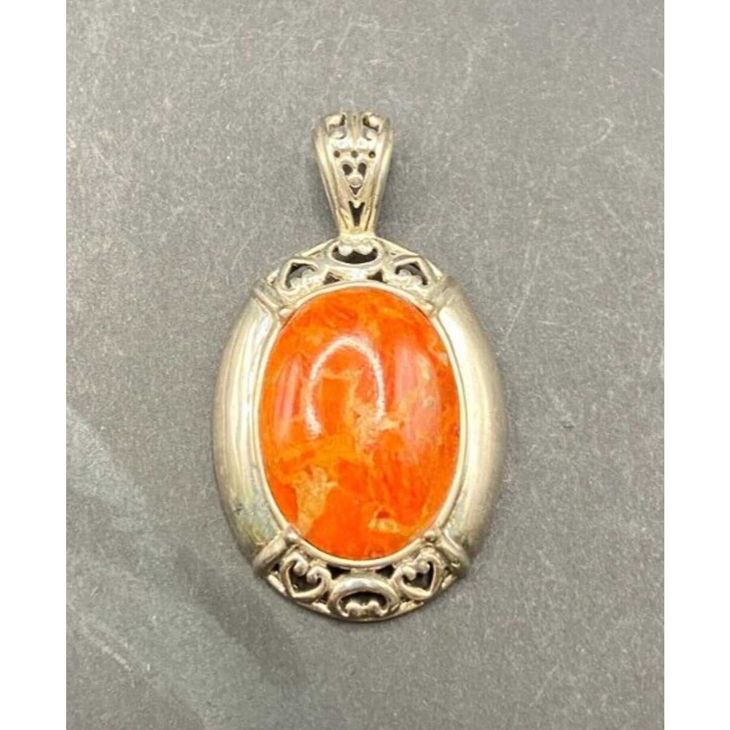 Orange Spiny Oyster Shell Oval Shaped Pendant 925 Sterling Silver NK Thailand