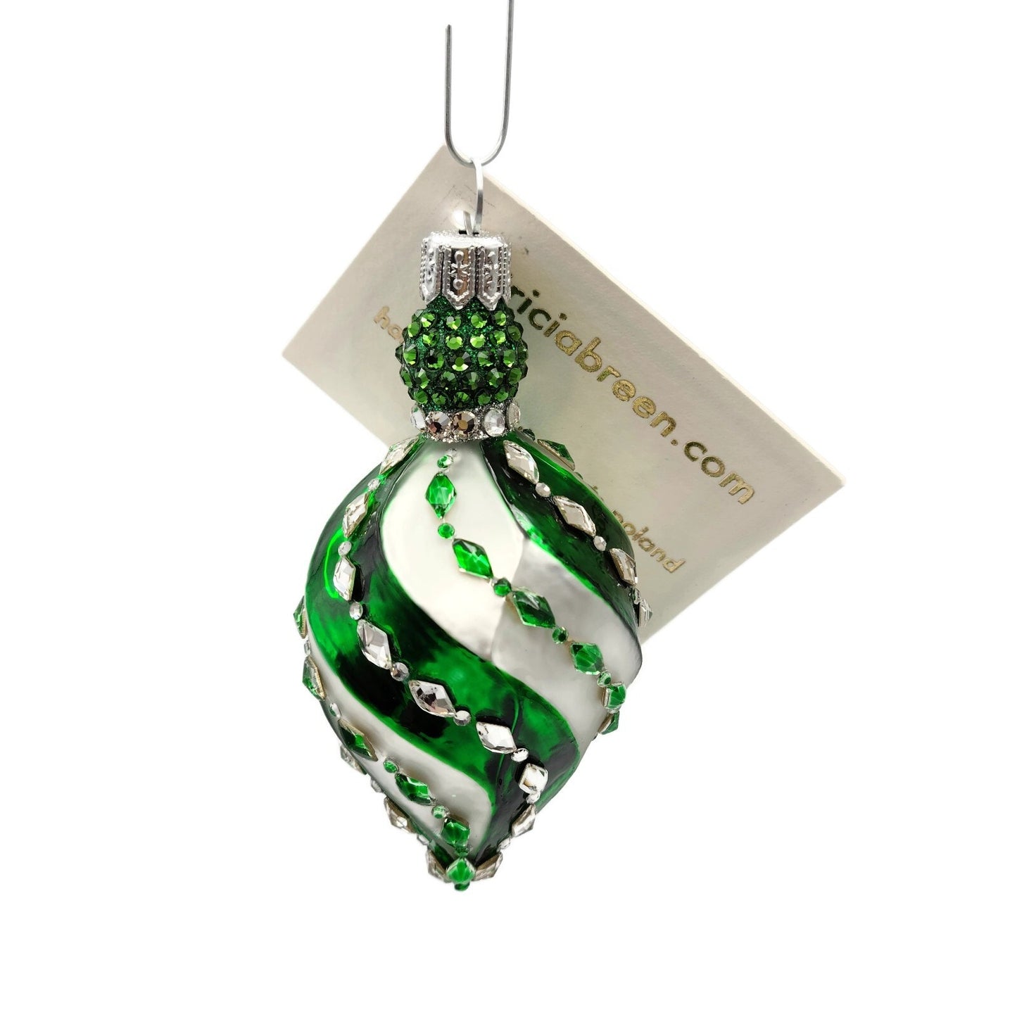 Patricia Breen Swirled Band Green Silver Jeweled Drop Christmas Ornament 5175