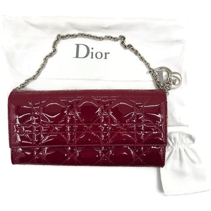 Christian Dior Lady Dior Patent Cannage Wallet on Chain Red Leather Silver Charm