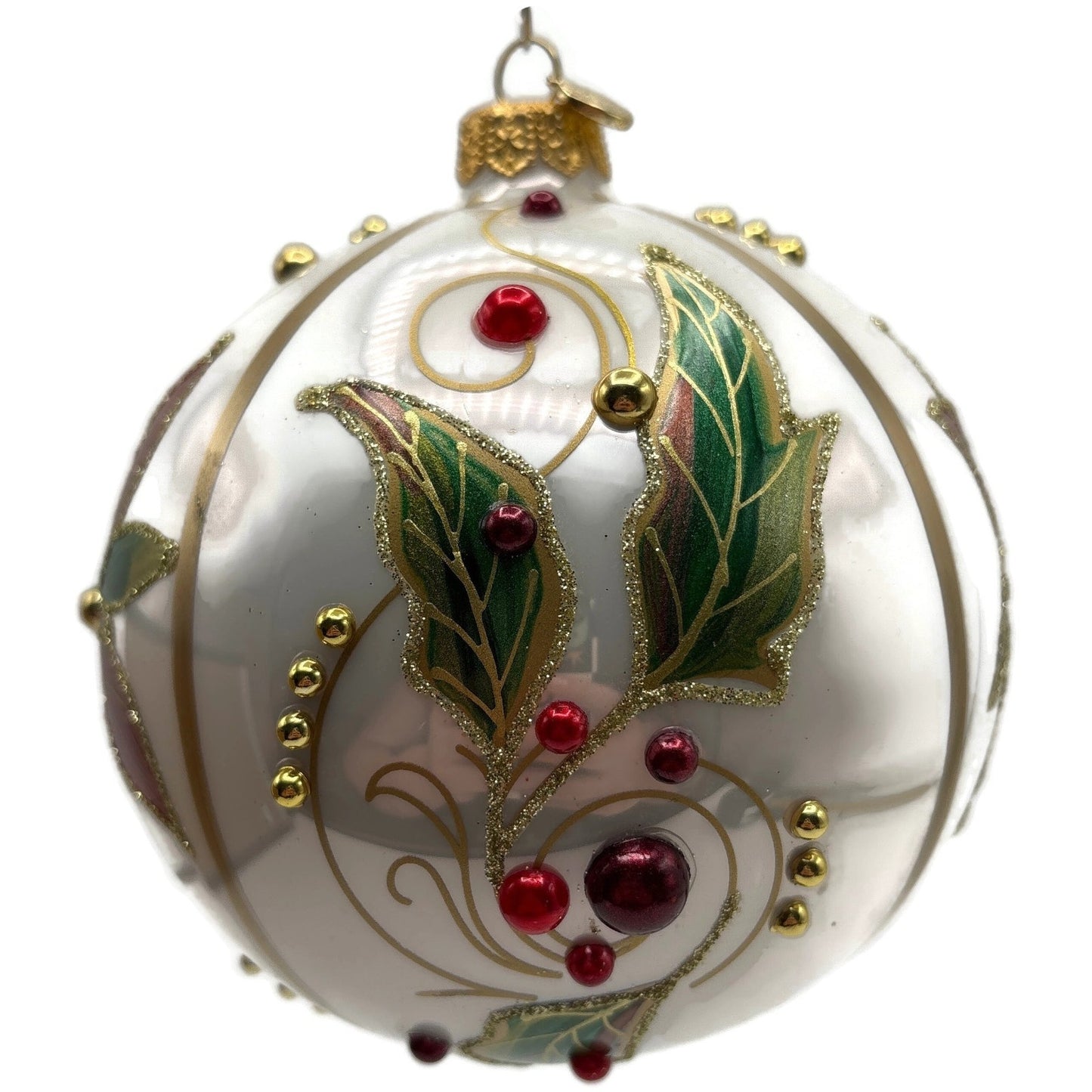 Glitter Lab Christmas Patterns Poinsettia Leaves White Orb Ball Holiday Ornament